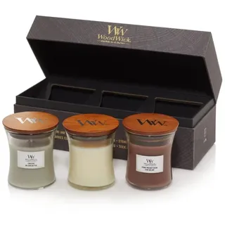 WoodWick Duftkerzen-Geschenkset | Duftkerzen mit Holzaroma im Sanduhrglas mit knisternden Dochten | Geschenkset | 3 Teile