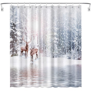 Ohok Badezimmer Duschvorhang 180 x 180 cm, wasserdichte Weihnachten Duschvorhänge mit 12 Haken, Baddekoration Badvorhang Langlebiger Polyester Badvorhang (Hirsche)