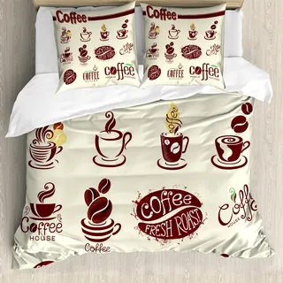 ABAKUHAUS Kaffee Bettbezug, Abstrakte Elemente Entwurf, Milbensicher Allergiker geeignet mit Kissenbezügen, 155 cm x 220 cm - 80 x 80 cm, Beige Maroon Grün - Beige