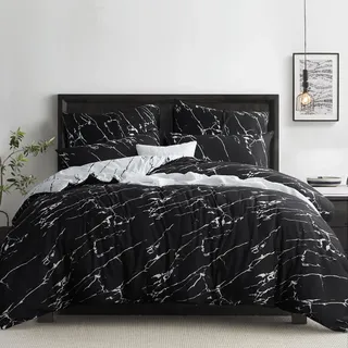 RUIKASI Bettwäsche 200x220 3 teilig Schwarz - Bettbezug 200 x 220 Set mit Marmor Muster, Bettwäsche-Sets 200x220cm aus Mikrofaser mit Reißverschluss Weich und Bügelfrei