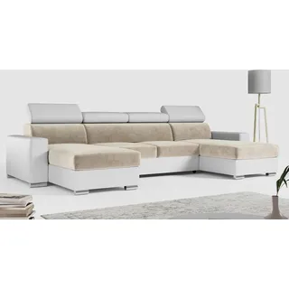 MKS Meble Ecksofa mit Schlaffunktion und Bettkasten, Wohnlandschaft U-form, Sofa mit Schlaffunktion - FOX-U - Beige/Weiß - Beige/Weiß