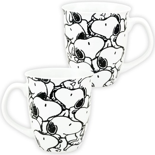 The Peanuts Tasse Snoopy - Snoopys Allover Kaffeetasse Becher Kaffeebecher Weiß aus Steingut 280 ml