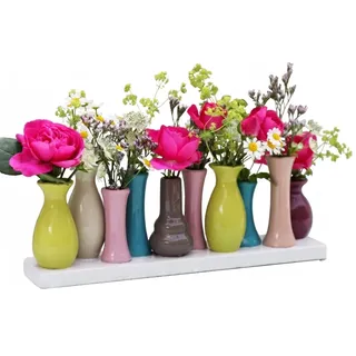 Jinfa Vasen Set - 10 kleine Blumenvasen bunt auf Sockel - Minivasen aus Keramik Deko Vasenset für Tischdeko - Moderne Miniatur Keramikvasen Ensemble für einzelne Blumen".
