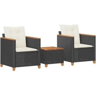 vidaXL 3-tlg. Bistro-Set mit Kissen Schwarz Poly Rattan Akazienholz - Schwarz