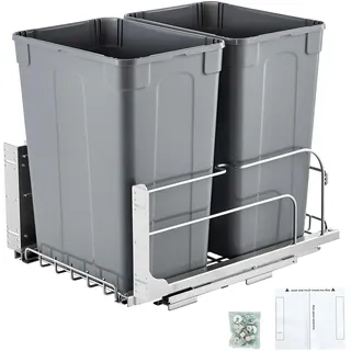 VEVOR ausziehbarer Abfallbehälter (35 Qt x2), doppelter Unterbau-Küchenabfallbehälter, Mülleimer mit Türsatz & Soft-Close-Schieberegler, für Küchenschrank Spüle unter der Theke (grau)