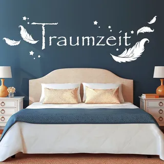 Wandtattoo Loft "Schriftzug „Traumzeit“ mit Federn und Sternen" / Wandtattoo/Wandaufkleber / 30 Farben / 2 Größen