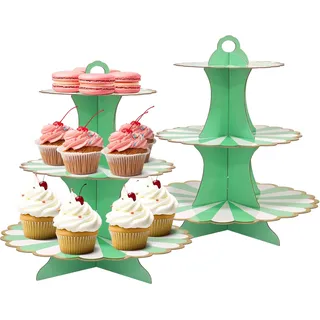 2 Stück Tortenständer aus Karton, 3 Etagen Cupcake Ständer Dessert Turm – Muffinständer für Hochzeit, Geburtstag, Party – Kuchenständer, Etagere für Brötchen, Käseplatte, Cupcakes(Grün)