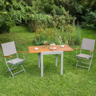 Gardenson Balkonset , Silberfarben, Beige , Holz, Metall , 3-teilig , Akazie , massiv , Tisch ausziehbar, Stuhl klappbar , Gartenmöbel, Gartengarnituren, Balkonmöbel-Sets