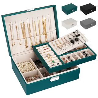 LUZOON Schmuckschatulle Schmuckkästchen für Damen, 2 Schich Schmuckaufbewahrung Mädchen Schmuckkasten Schmuckbox PU Leder Schmuck Groß für Ringe, Ohrringe, Halskette (Grün)