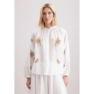 Klassische Bluse SEIDENSTICKER "Schwarze Rose", Damen, Gr. S(36), beige (ecru), 62% Viskose, 25% Polyamid, 13% Leinen, unifarben, oversize, Rundhals, Blusen Klassische Bluse, 1/1 Rundhals Stickerei