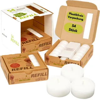Candelo Eco Refill Teelichter 54 Stück Wachsrohlinge ohne Hülle für wiederverwendbare Teelichthüllen & Windlichter Plastikfrei, geruchsneutral, 6 Std Brenndauer Nachhaltige Vorratspackung