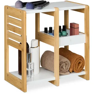 Relaxdays Badregal, 3 Ablagen, HxBxT: 35x34x20 cm, Tischregal für Badezimmer & Küche, Bambus, MDF, natur/weiß