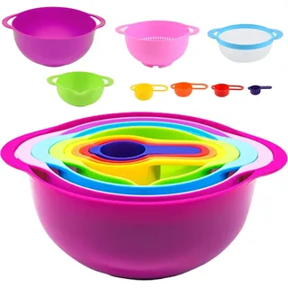 8-teiliges multifunktionales Gemüsespülset mit Sieb - Abtropfschüssel - Misch- und Messbecher - stapelbar - Rührschüsseln