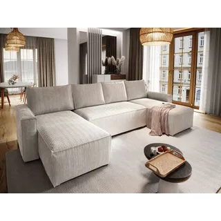 masseno Ecksofa ASPRA mit Schlaffunktion U-Form, Sofa mit Bettkasten, Wohnzimmersofa, Couch, Soffa, Bettsofa, Couchgarnitur- Creme, POSO 100 - Creme