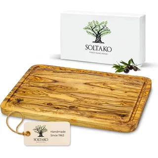 SOLTAKO Schneidebrett Olivenholz mit Saftrille 40 x 30 cm "The Wood Master L" - massives Servierbrett, Tranchierbrett aus Oliven Holz