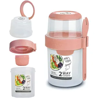 bainuote Joghurtbecher 2 in 1 Müslibecher to go Auslaufsicherer Müsli To Go Becher 310ml+560ml Salatbecher BPA-freie Lunchbox zum Frühstück oder Mittagessen für unterwegs mit Löffel Soßendose - Pink
