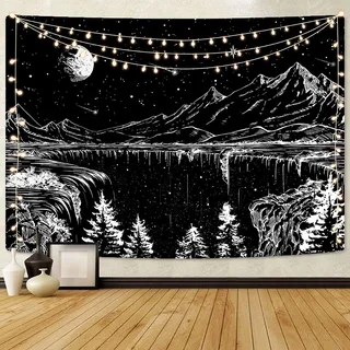 Simpkeely Schwarz-weiße Wandteppich Sternennacht Berg Mond Sterne Wandteppich für Schlafzimmer Wohnzimmer - 180cm x 230cm