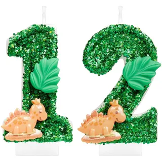 i-QiQi Dinosaurier Zahl 12 Geburtstagskerze Dinosaurier Glitzer 12 Geburtstag Zahlenkerze Glitzer 3D Design Kuchen Topper Dekoration Happy Birthday Kuchen Kerzen für Grün Tier Thema