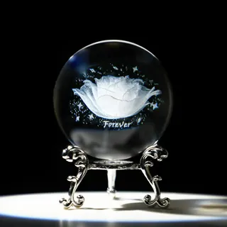 H&D HYALINE & DORA 60mm 3D schnitzerei Rosen Blumen Kristallkugel Ornament, Glaskugel Briefbeschwerer mit silbernem Ständer, Feng Shui Heimdekoration, Geschenk für Mutter, Hochzeits,Dame