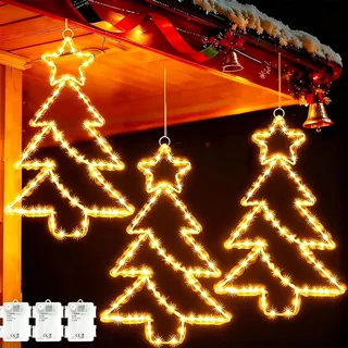 Dekofun Weihnachtsdeko, 3 Stück 55 LED Weihnachtsbeleuchtung Fenster | Hängende Metall Led Weihnachtsbaum mit Batterie und Timer, Wasserdicht Fensterlicht Weihnachten für Außen Innen Deko
