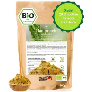 BIO Hanfprotein 500g aus Deutschland, Veganes Hanfsamen-Protein vom deutschen Biofeld + Digitales Rezeptbuch (PDF)