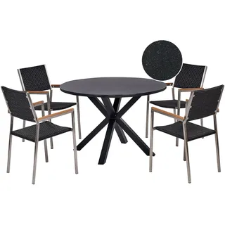 BELIANI Gartenmöbel Set 5-teilig Schwarz u. Transparent Aluminium Tisch  120 cm Rund Glasplatte mit 4 Stühlen Rattan Geflecht Stapelbar Außenbereich - Schwarz, Silber