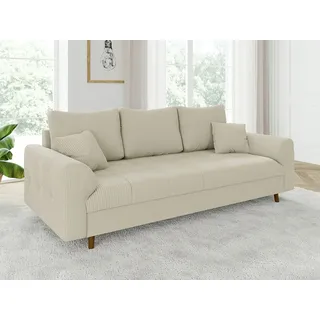 s-style möbel Sofa Couch 3 Sitzer Mit Kissen 210 x 93 x 81 cm Freistehend Kratzfest Massivholzfüße Braun Cord Stoff Milo Beige