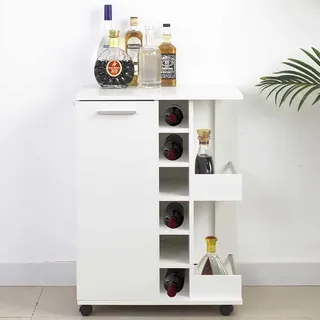 BAKAJI Eckschrank, Bar, Weinregal, Weinregal, Spirituosen, Weinkeller aus Holz, 6 Sitzer, mit Tür und Griff aus Metall, 2 Seitenregale (weiß)