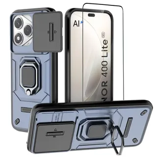 DERHAN Hülle für Honor 400 Lite 5G, Schutzhülle mit Kameraschutz, Metallring-Ständer und Schutzglas, Panzerhülle Blau