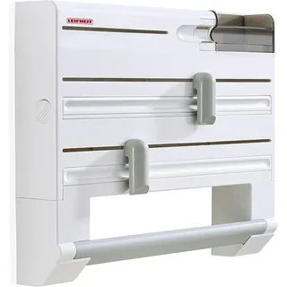 Leifheit Wandrollenhalter Parat Plus, Küchenrollenhalter für 4 Rollen | Mit Spezialklingen für saubere Schnitte, Wandmontage, auch für Alu- und Frischhaltefolie, 38,0 x 8,7 x 30,9 cm, weiß/grau