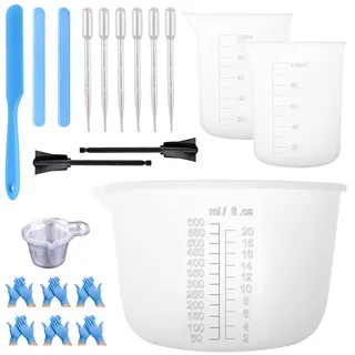 Messbecher Set Mischbecher Epoxidharz Silikon Becher Groß 600ml & 2 Stück Mini Messbecher Klein 100ml Labor Silikonbecher für Epoxidharz Rührstäbchen Mit Pipetten Kunststoff Mischpaddel Handschuhe
