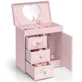 VLANDO Schmuckkästchen Mädchen,Große Schmuckkasten Kinder mit Ballerina | 4 lagiges Spielzeug Geschenk Mädchen mit DIY Aufkleber, Schmuckaufbewahrung mädchen mit Spieluhr, Schmetterlingsmuster