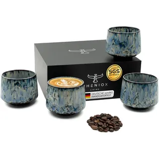 Pheniox | Cappuccino Tassen Set Tibet Blue | 4-teilig | 180 ml | hochwertige Tassen aus Steingut | ohne Henkel | spülmaschinenfest | Kaffee | Espresso | Mokka | Geschenk Mann Frau