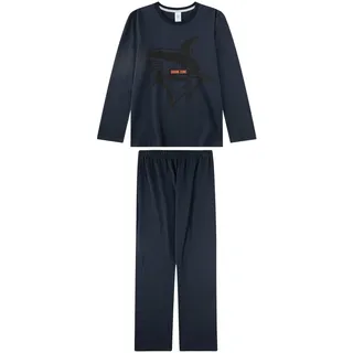 Schlafanzug SANETTA "Pyjama Pyjama Teens Shark Zone lang", Herren, Gr. 140, blau (dunkelblau), Obermaterial: 100% Baumwolle CO., Homewear-Sets Schlafanzug
