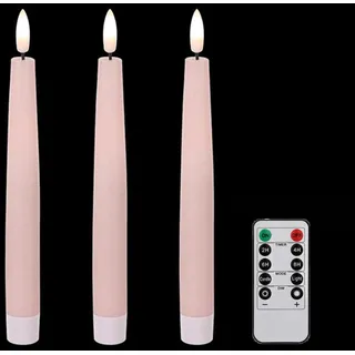 FREEPOWER 3er LED Stabkerzen Echtwachs mit Fernbedienung und Timer - Batteriebetrieben - Flackern Warmweißes Licht - Rosa Kerzen - 2x24,2cm