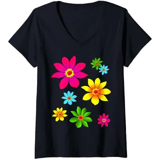 Damen Bunte Blumen, farbenfroh, blühend, Blüte, blumig, floral T-Shirt mit V-Ausschnitt