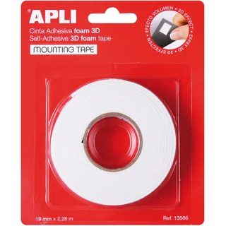 APLI 13986 Doppelseitiges Schaumstoff-Klebeband, 19 mm x 2,28 m, Weiß