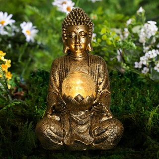 Yeomoo Meditierender Buddha Figur Deko mit Solarlicht,Zen Solargarten groß Buddha mit gesprungener Glaskugel Statue Skulptur-Innen/Draußen Deko für Balkon,Garten,Terrasse,Veranda,Yard Art,26.5cm Gold