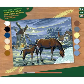 MAMMUT 8240429 - Malen nach Zahlen Senior, Pferde, Komplettset mit bedruckter Malvorlage im A3 Format, 12 Acrylfarben, Pinsel und Anleitung, großes Malset ab 10 Jahre