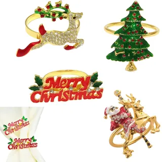 Vastsea 4 Stück Serviettenschnallen Weihnachten, Metall Serviettenringe Inklusive Weihnachtsbaum, Buchstaben, Elch, Ritter, für Tischdekoration Weihnachten