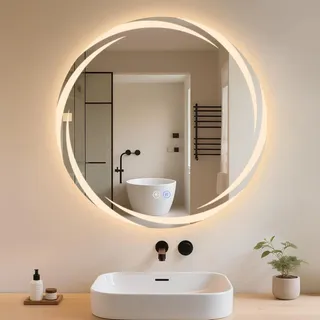 ZMH Badezimmerspiegel mit Beleuchtung Badspiegel Rund Runder 60cm LED Spiegel Touch Dimmbar Licht Beschlagfrei Rundspiegel Beleuchtet für Badezimmer - Silber