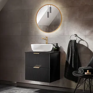 Waschplatz Set mit 61cm Waschtisch mit Aufsatzwaschbecken und rundem Spiegel, matt schwarz gerillt, ADELAIDE-56-BLACK, B/H/T ca. 60,6/200/46,5 cm - Schwarz