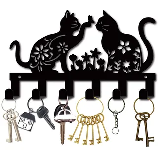 CREATCABIN Katzen-Schlüsselhalter Metall Für Wandmontage,Schlüsselhaken Eisen Mit 6 Haken,Metall-Schlüssel-Hänge-Organizer,Schwarzes Regal,Wanddekoration Für Eingangsbereich,Haustür,Flur,Büro,27x16cm