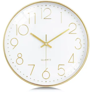 Lafocuse 3D Ziffern Lautlos Wanduhr Gold, 30cm Modern Ohne Tickgeräusche, Quartz Wanduhr Analog Leicht zu Lesen Deko für Wohnzimmer Zimmer Küche Büro