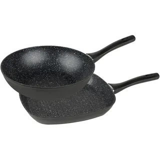 Homeware Profession. Pfannenset , Schwarz , Metall, Kunststoff , 2-teilig , wok 3.5L grill pan 2.1L l , rund , Lfgb , PFAS-frei , Kochgeschirr, Pfannen, Pfannensets