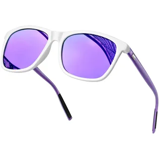 KANASTAL Größe Sonnenbrille Herren und Damen Retro Polarisiert Sonnenbrille UV400 Schutz für Reise Wandern Angeln Alltag, Glänzend Weiß Rahmen Verspiegelt Lila Gläser Lila Bügel