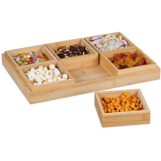 Relaxdays Snackschalen Set, mit Serviertablett, Bambus, 6 Schälchen, für Chips, Nüsse & Süßigkeiten, Servierset, natur
