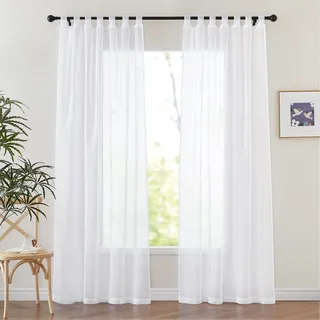 PONY DANCE Vorhänge Weiss Transparent Dekoration Voile Gardinen mit Schlaufen 2er Set Wohnzimmer Leinenoptik Schlaufenvorhang H 220 x B 140 cm