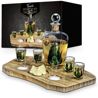 MikaMax Tequila Decanter Set - Komplettset - Handgemachte Agave Karaffe mit Korkverschluss 840 ml, Bambusplatte graviert für Salz und Zitrone, Tequilagläser, Shotgläser, Luxus Set.