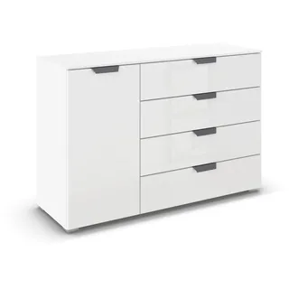 Rauch Möbel Aditio, Kommode für Schlafzimmer, Wohnzimmer, Kinderzimmer, Flur, 1-türig, Glasfront, 4 Schubladen, Soft-Close-Funktion, Sideboard im modernen Look, Farbe Front Glas Weiß, Breite 120 cm